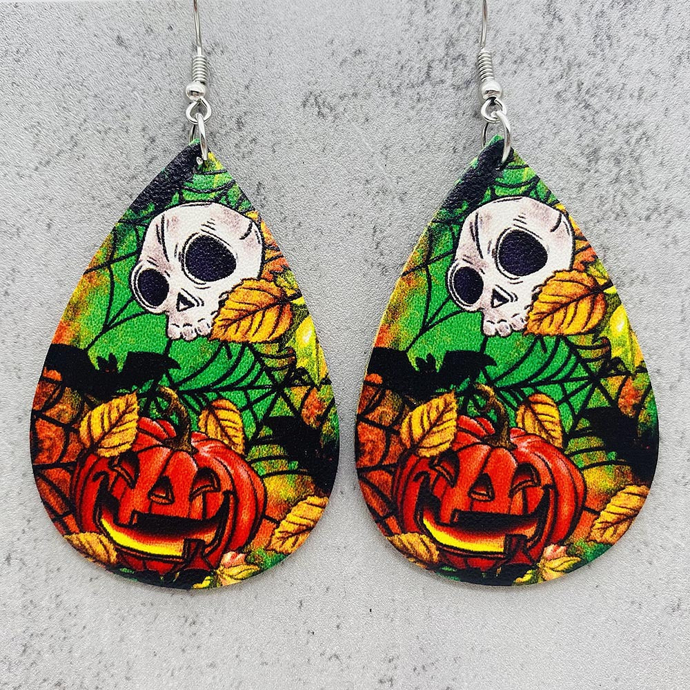 Pendientes de agua de cuero de doble cara al por mayor Halloween Floween Pendientes